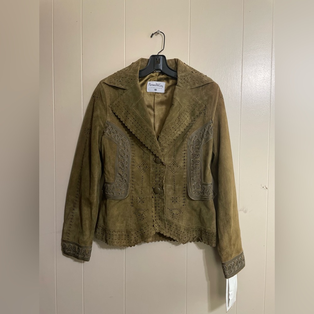 Pamela McCoy Collections, green color suede jacket. Beautiful detailing.